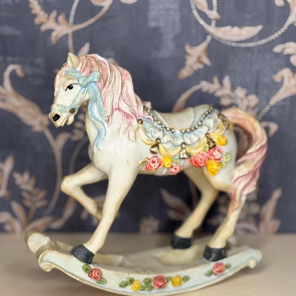 Vintage Estate Resin Rocking Horse Figurine with Floral Accents